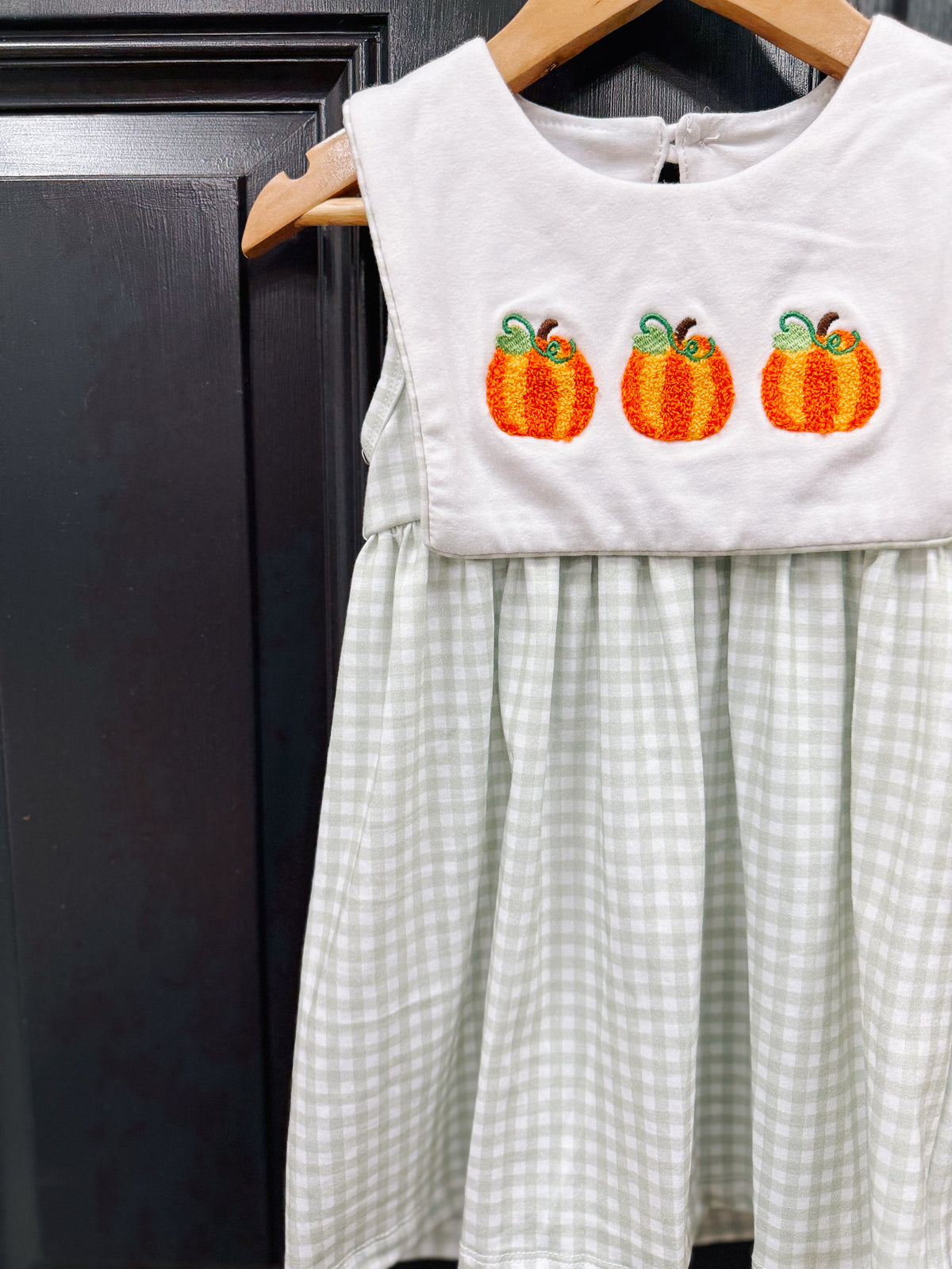 Girls Sage Gingham French Knot Pumpkins