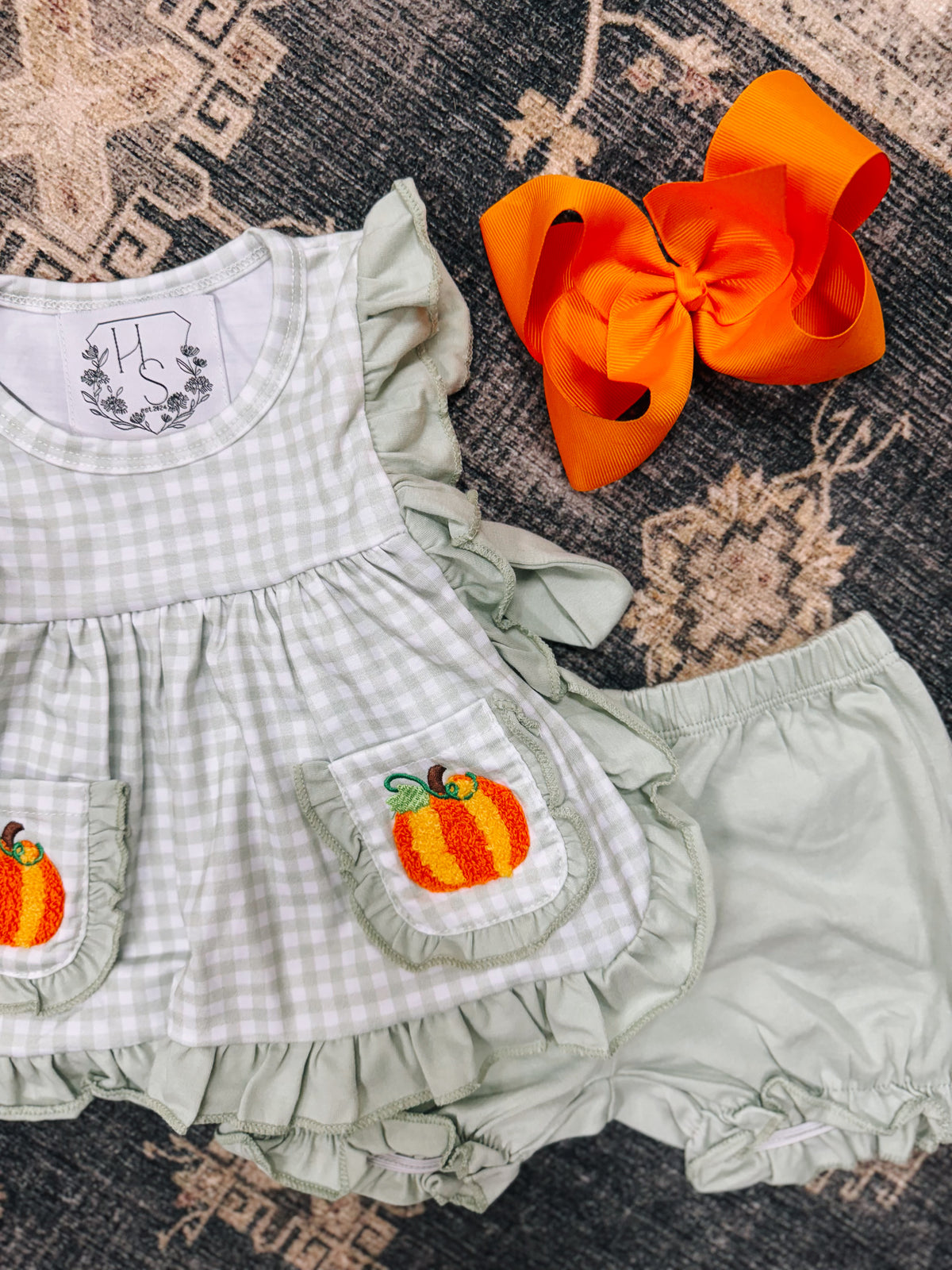 Girls Sage Gingham French Knot Pumpkins