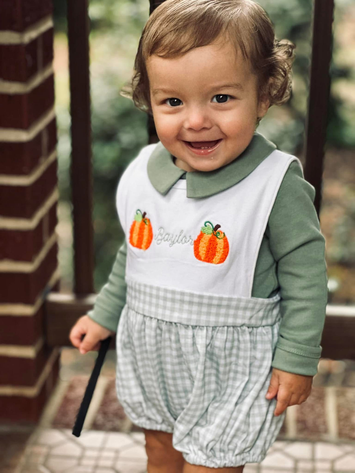 Boys Sage Gingham French Knot Pumpkins